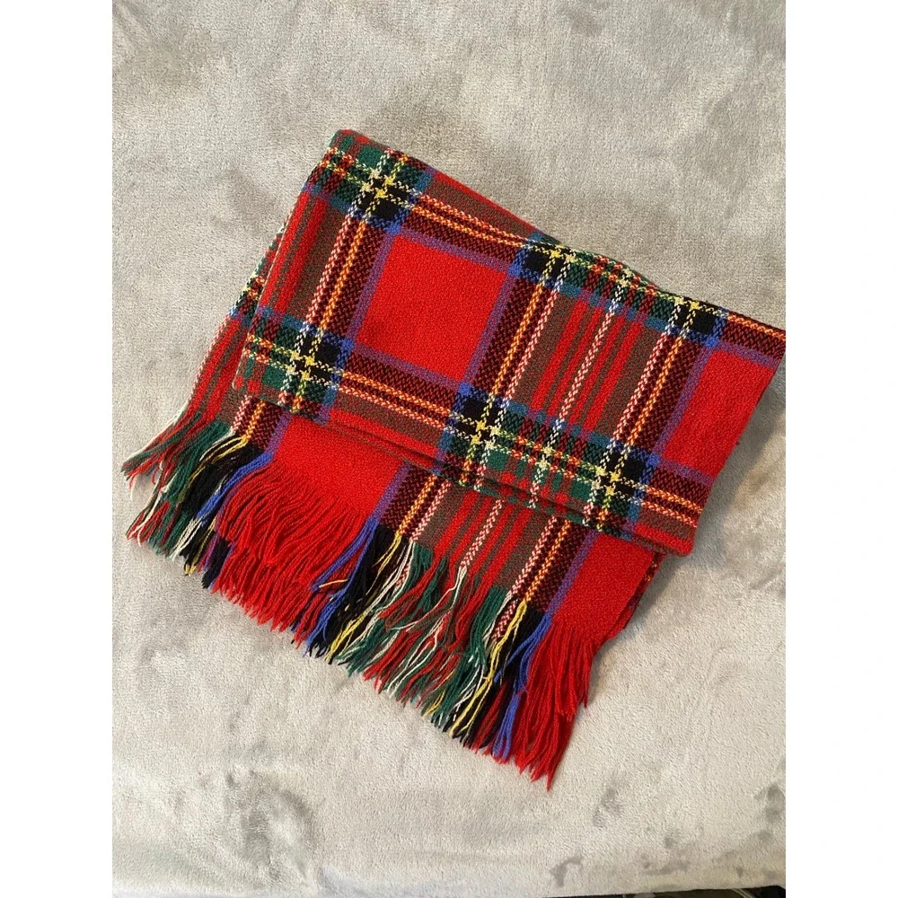 Dunlap Weavers Scarf Red Tartan Plaid Wool Silk Fringed Shawl USA Cabincore